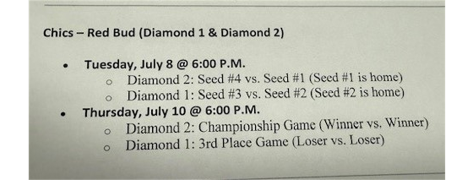 District 19 Playoffs - Chic Division: July 8th & 10th - Red Bud